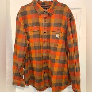 Carhartt Orange Brown Plaid Button-Down Work Shirt